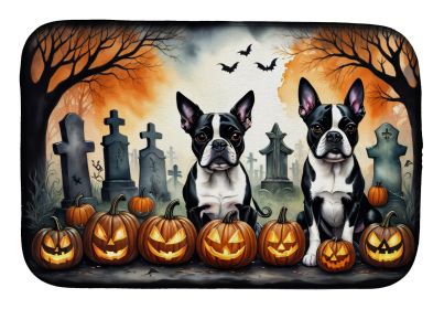 Boston Terrier Spooky Halloween Dish Drying Mat Absorbent Dish Drying Mat Pad for Kitchen Counter Dish Drainer Mat for Countertop, 14 x 21"